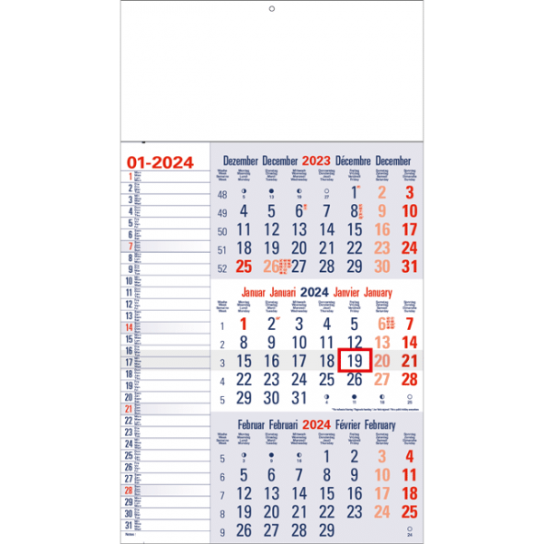 Maandkalender 3-maand Memo blauw 2024