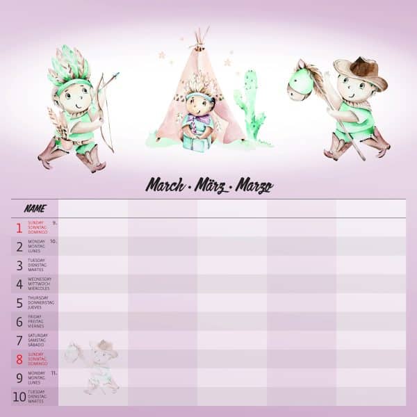 Muurkalender Family Planner - maart detail