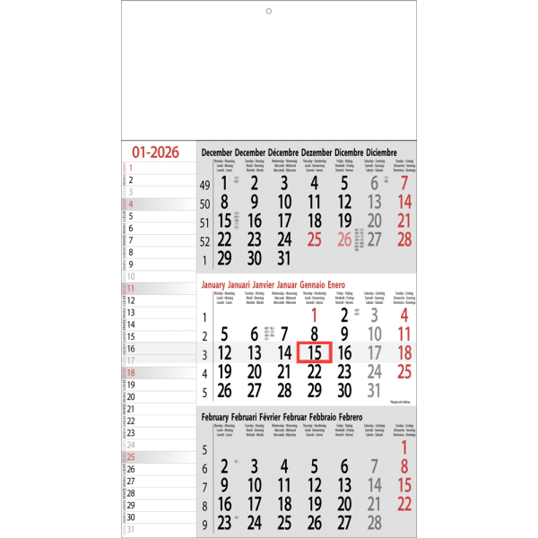 Maandkalender 3-maand Memo 2026 grijs