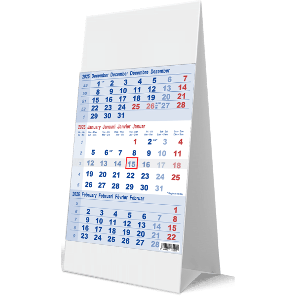 Kantoorkalender 3-maand blauw 2026