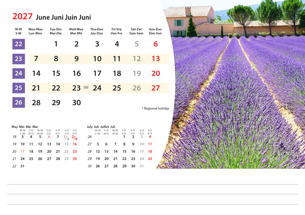 Kantoorkalender Mediterranean 2027 - Juni Kantoorkalender Mediterranean 2027 - Juni