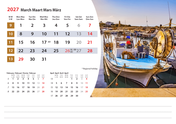 Kantoorkalender Mediterranean 2027 - Maart Kantoorkalender Mediterranean 2027 - Maart