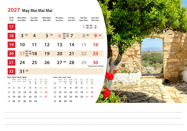 Kantoorkalender Mediterranean 2027 - Mei Kantoorkalender Mediterranean 2027 - Mei