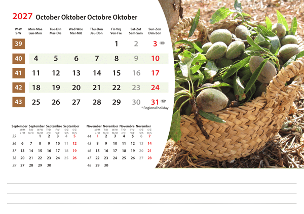 Kantoorkalender Mediterranean 2027 - Oktober Kantoorkalender Mediterranean 2027 - Oktober
