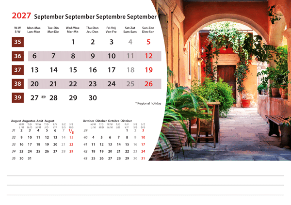 Kantoorkalender Mediterranean 2027 - September Kantoorkalender Mediterranean 2027 - September